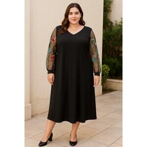 Zapelle Black Dress 1X Sheer Floral Embroidered Sleeve Midi Plus 18W